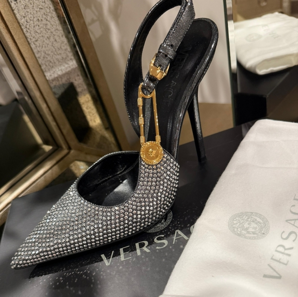 Versace Pointed Toe Embellished Slingback Pumps